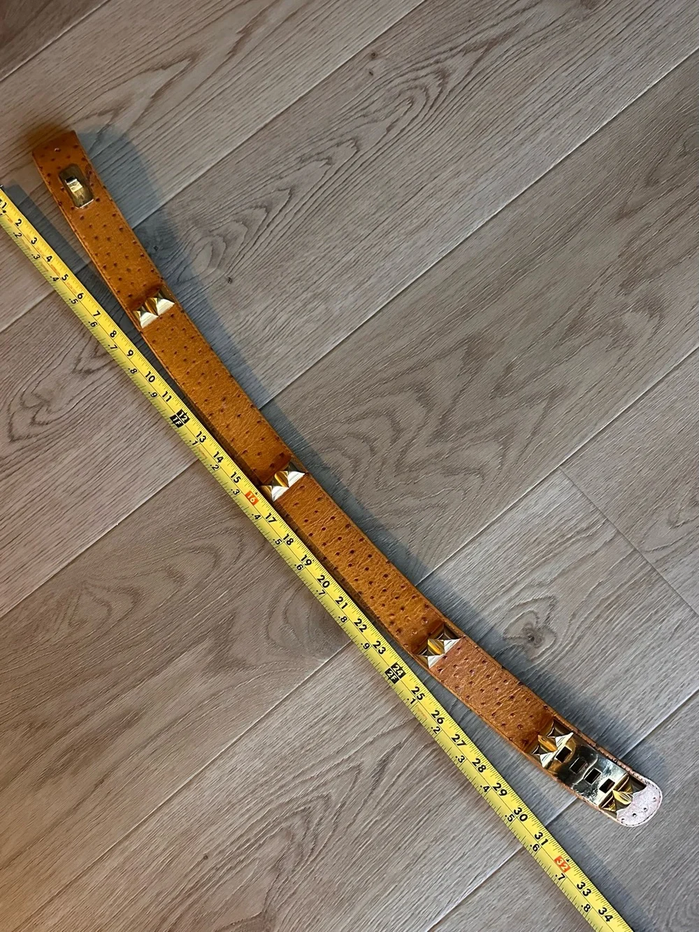 ✨ Vintage Parisian Ostrich Leather Studded Gold Buckle Belt | Size S/M ✨